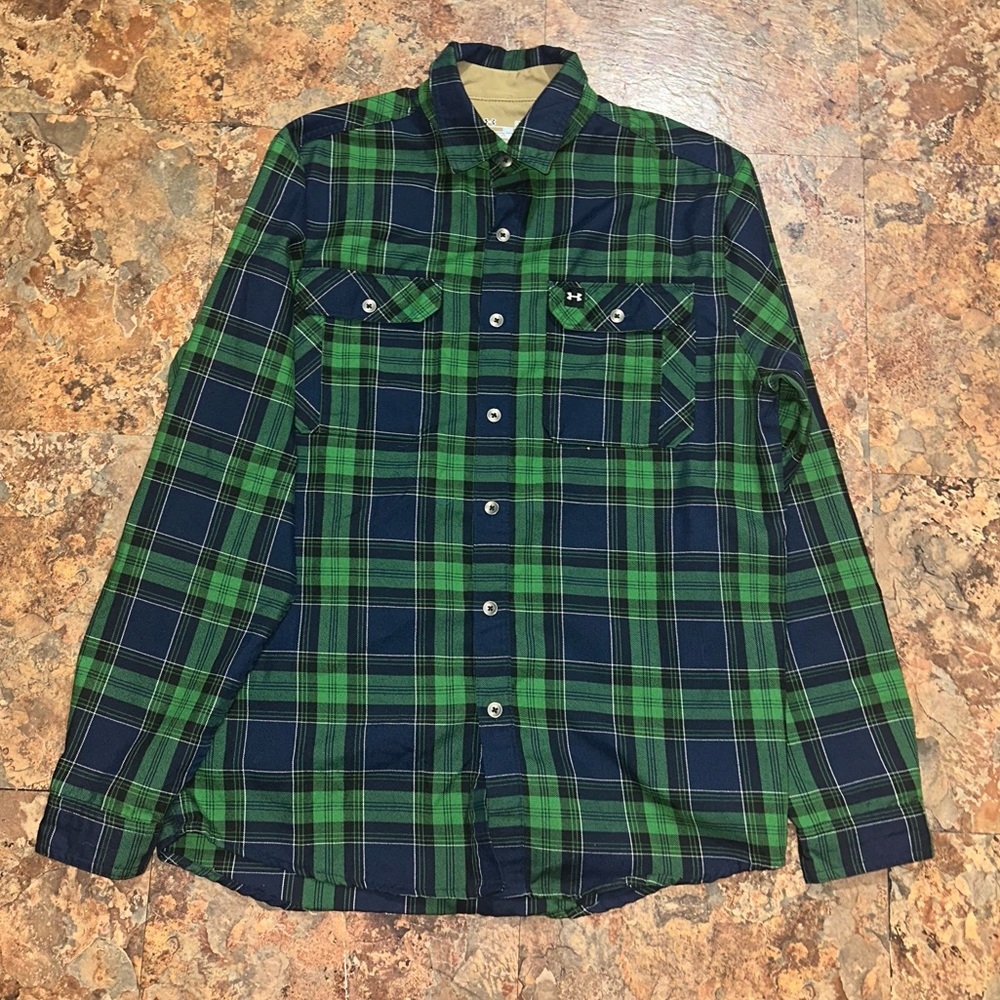 Under Armour Loose Cold Gear Button Green Blue Plaid Flannel Shirt Patched Elbow - Picture 1 of 6